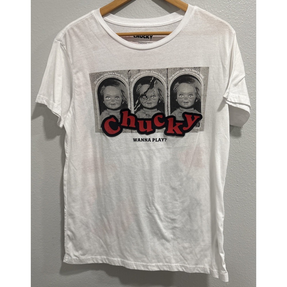 Chucky Child's Play Horror Movie Graphic T-Shirt White Raised Text Halloween SzL